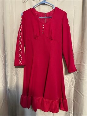 Bright Fuchsia Long Sleeve Ruffle Hem Dress Vintage Handmade